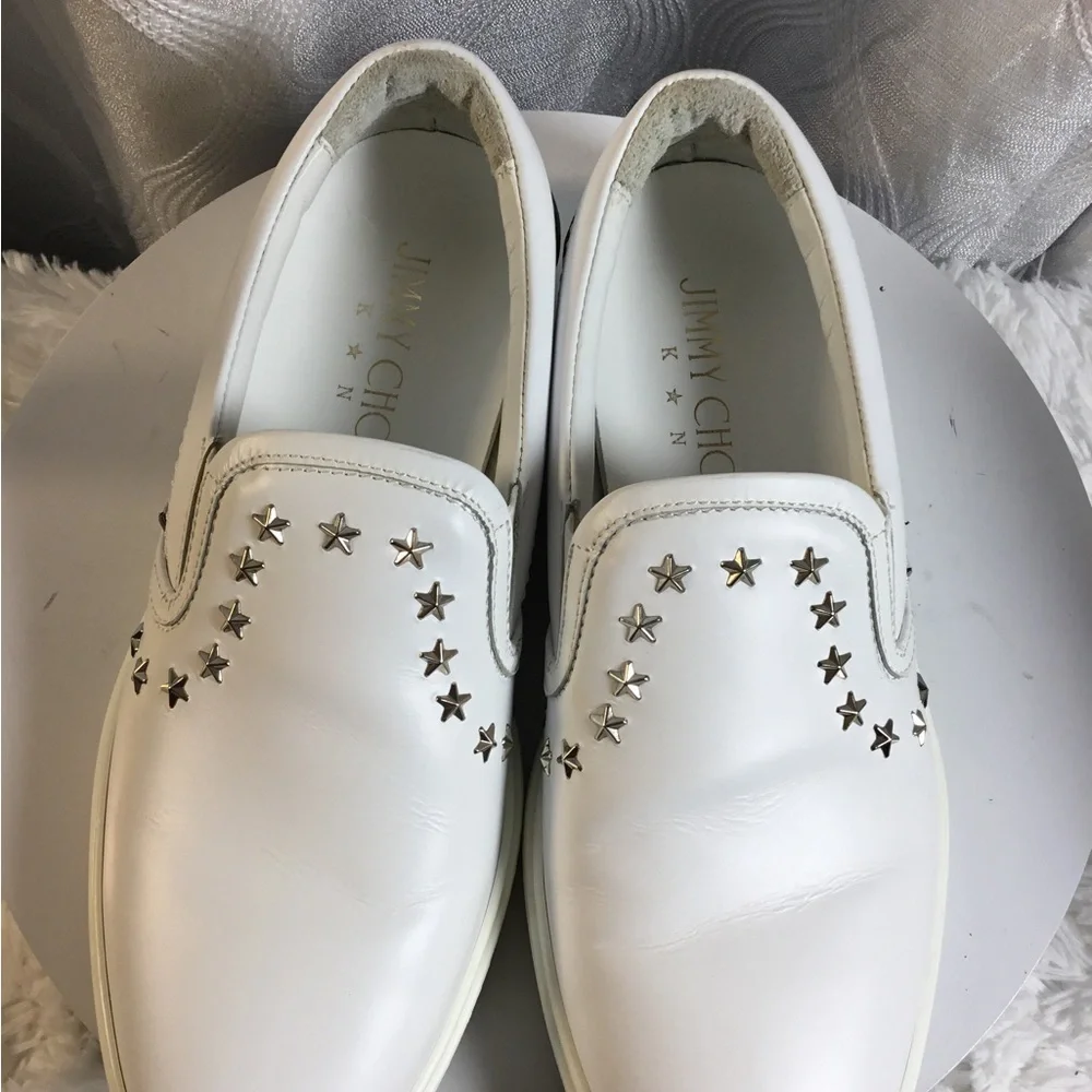 Jimmy Choo White Slip-On Sneakers with Star Studs